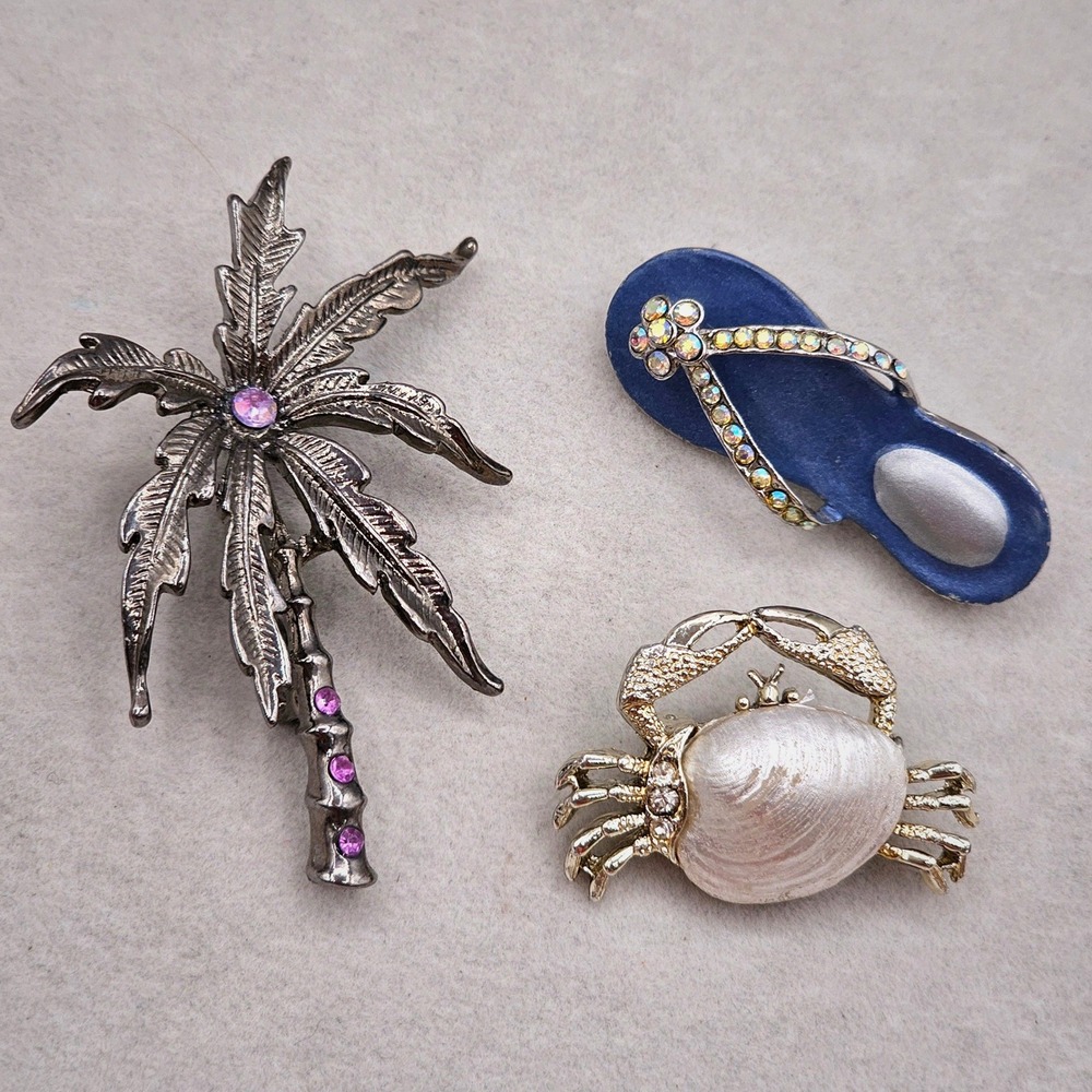 Tropical Brooch Lot of 3 Rhinestone Beach Palm Tree Crab Flip Flop Island